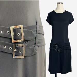 Vintage Y2K Frederick’s of Hollywood Black Double Belt Mini dress stretchy mod M